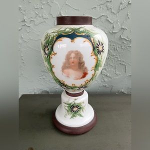 BRISTOL Antique Victorian Opalina Glass Portrait Vase (H: 11”)